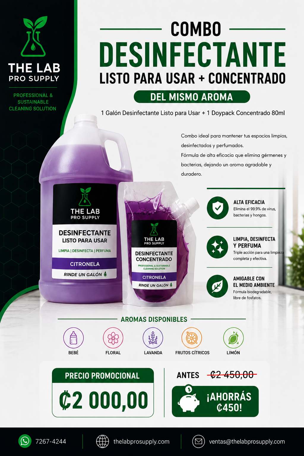 Combo Desinfectante Galón + Desinfectante Concentrado Doypack 80 ml